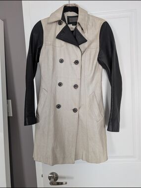 Mackage Cream Trench Coat with Black Leather Sleeves